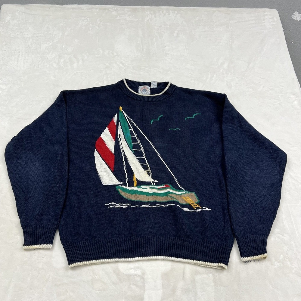 Northern Isles Sailboat Sweater Mens Large Navy Blue Nautical Intarsia Knit